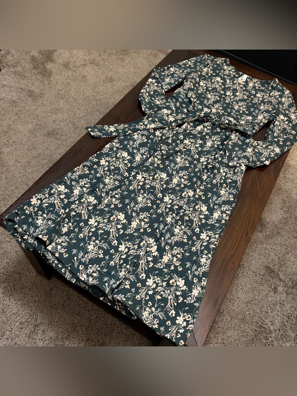 Pact Organic Cotton Fit N’ Flare Midi Wrap Dress Green Floral V-Neck Long Sleeve - Picture 8 of 11